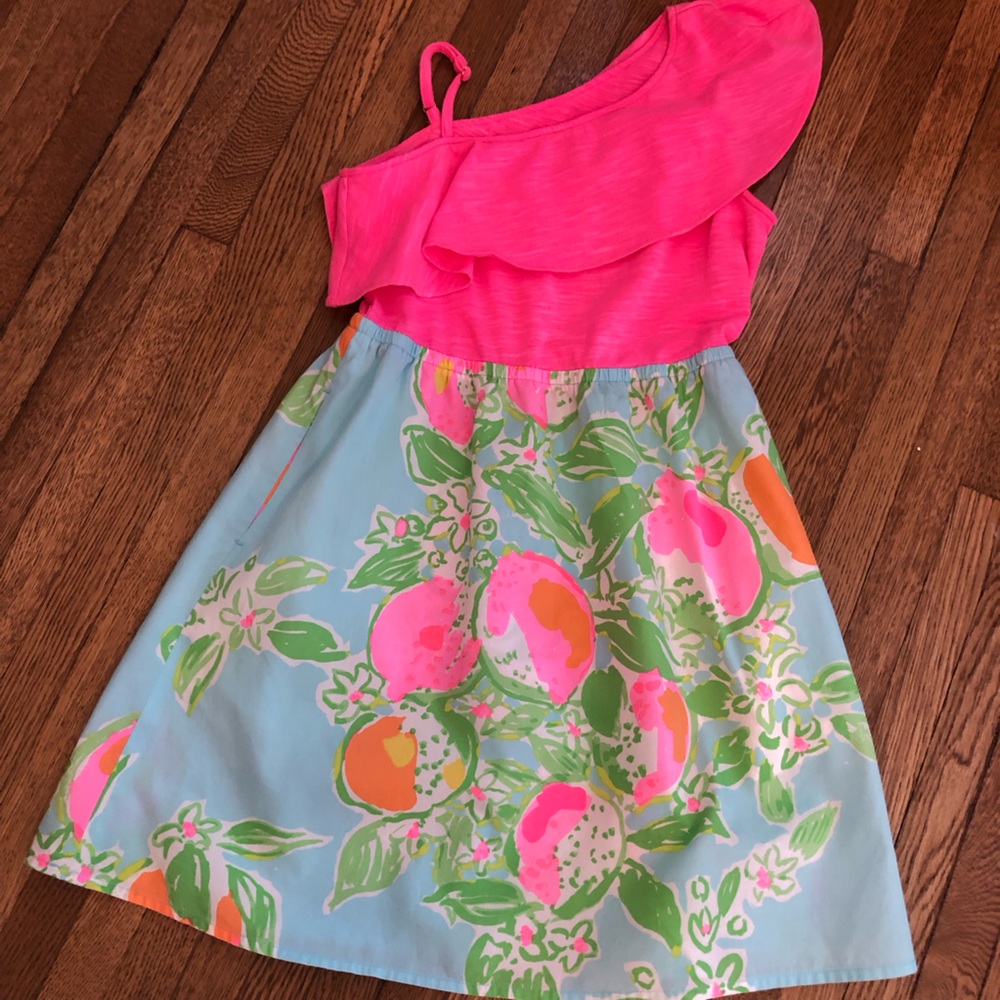 Lilly Pulitzer one shoulder Ruffle top dress girls 8-10 pink blue